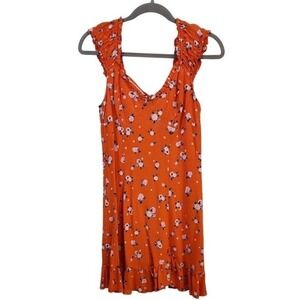 Free People Orange Floral Ruffle Sleeve Mini Dress XS